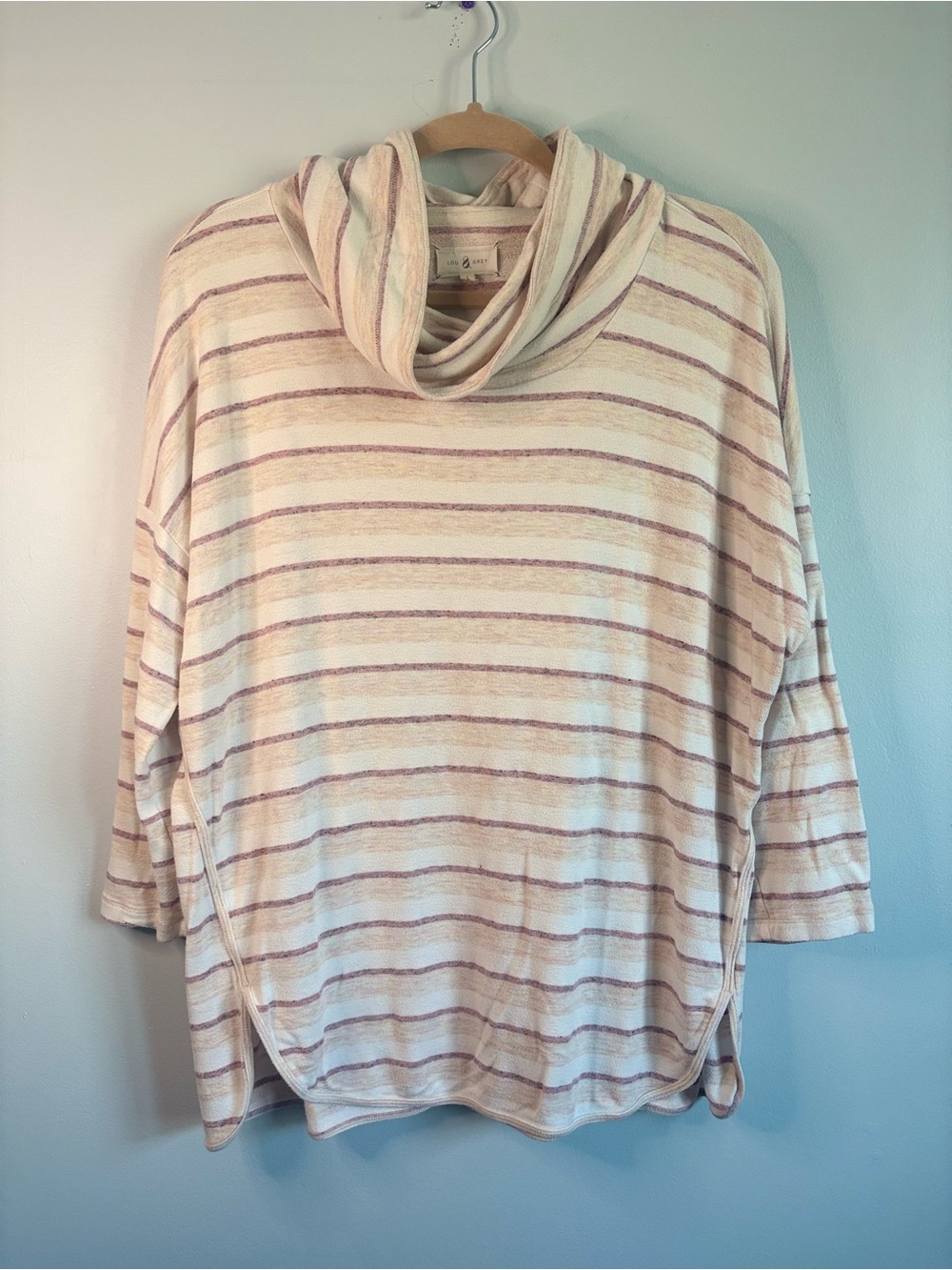 Lou & Grey Cream Striped Cowl Neck Sweater with Mauve Accents